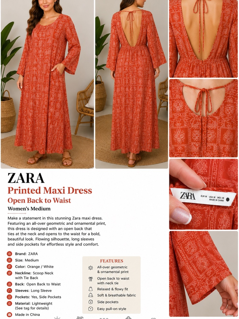 ZARA Orange Printed Tie-Back Maxi Dress